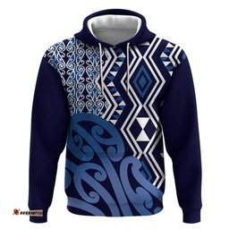 RugbyLife Shop New Zealand Hoodie Aotearoa Kowhaiwhai Mix Taniko Art - Blue LT14