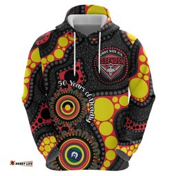 RugbyLife Shop Essendon Bombers NAIDOC Week 2026 Personalised Hoodie 50 Years of Deadly Aboriginal Art LT14