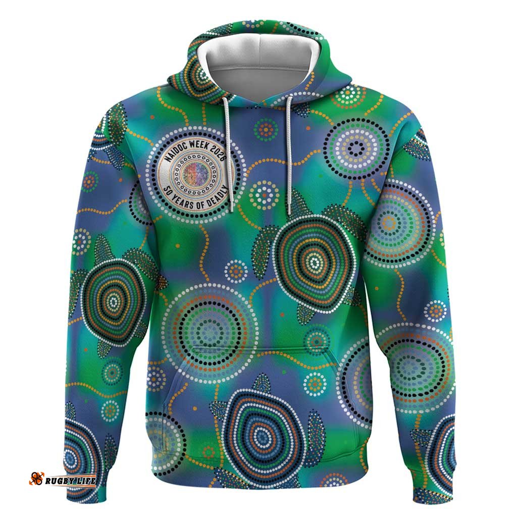 RugbyLife Shop NAIDOC 50 Years of Deadly Hoodie Sea Turtle Aboriginal Dot Art LT19