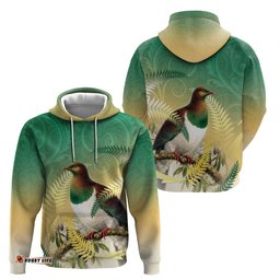 RugbyLife Shop New Zealand Pigeon Kereru Hoodie Maori Fern Art Green Gradient LT05