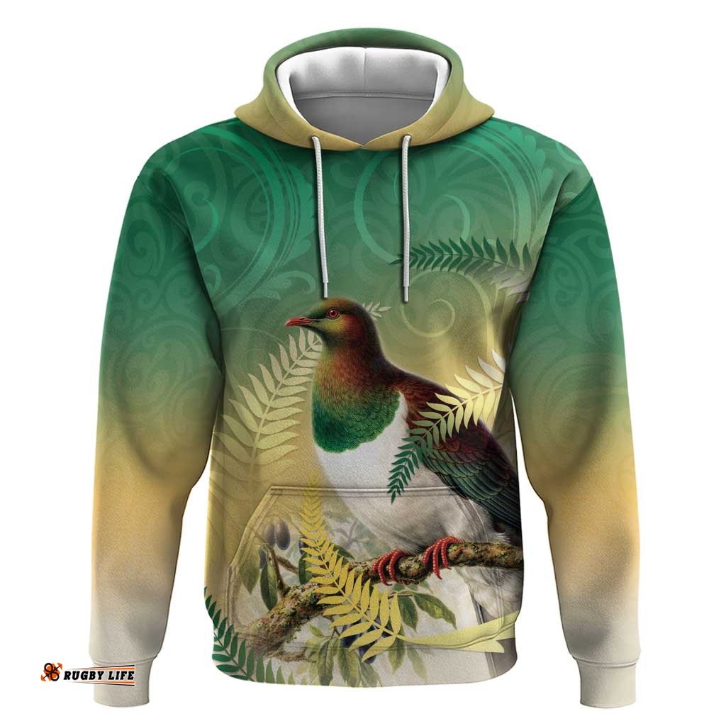 RugbyLife Shop New Zealand Pigeon Kereru Hoodie Maori Fern Art Green Gradient LT05