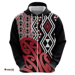 RugbyLife Shop New Zealand Hoodie Aotearoa Kowhaiwhai Mix Taniko Art - Red LT14