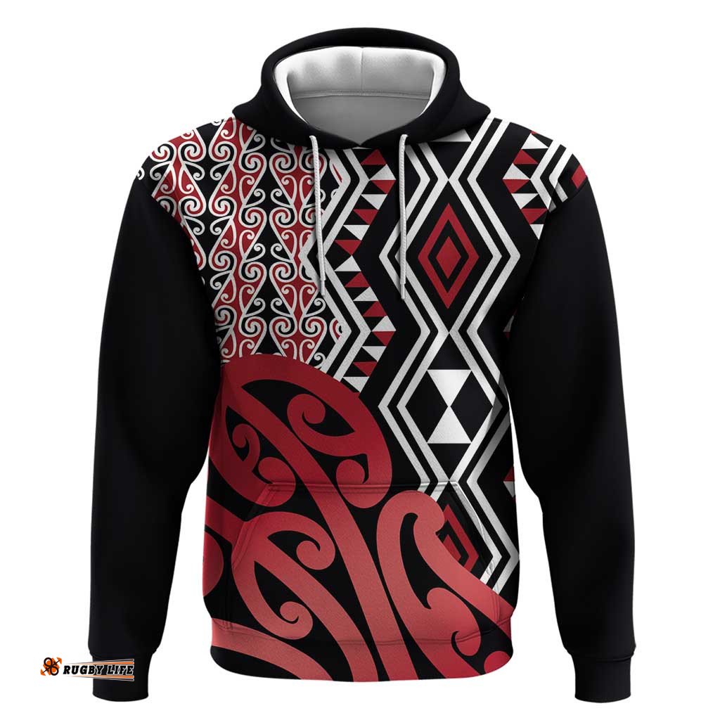 RugbyLife Shop New Zealand Hoodie Aotearoa Kowhaiwhai Mix Taniko Art - Red LT14