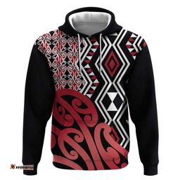 RugbyLife Shop New Zealand Hoodie Aotearoa Kowhaiwhai Mix Taniko Art - Red LT14