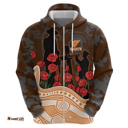 RugbyLife Shop GWS Giants ANZAC Day Hoodie Indigenous Dot Art with Poppy Flower Tribute TS04