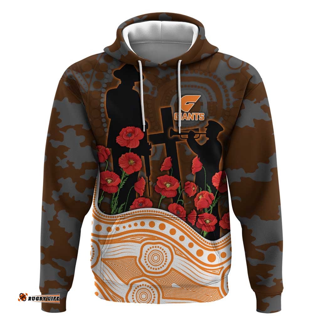 RugbyLife Shop GWS Giants ANZAC Day Hoodie Indigenous Dot Art with Poppy Flower Tribute TS04