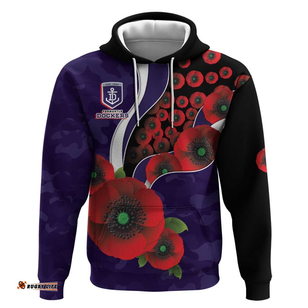 RugbyLife Shop Fremantle Dockers ANZAC Personalised Hoodie Lest We Forget Poppy Camo LT9