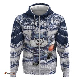 RugbyLife Shop Custom Geelong Navy Hoodie Playful Cat Kicking Ball DT05