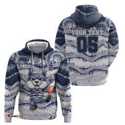 RugbyLife Shop Custom Geelong Navy Hoodie Playful Cat Kicking Ball DT05