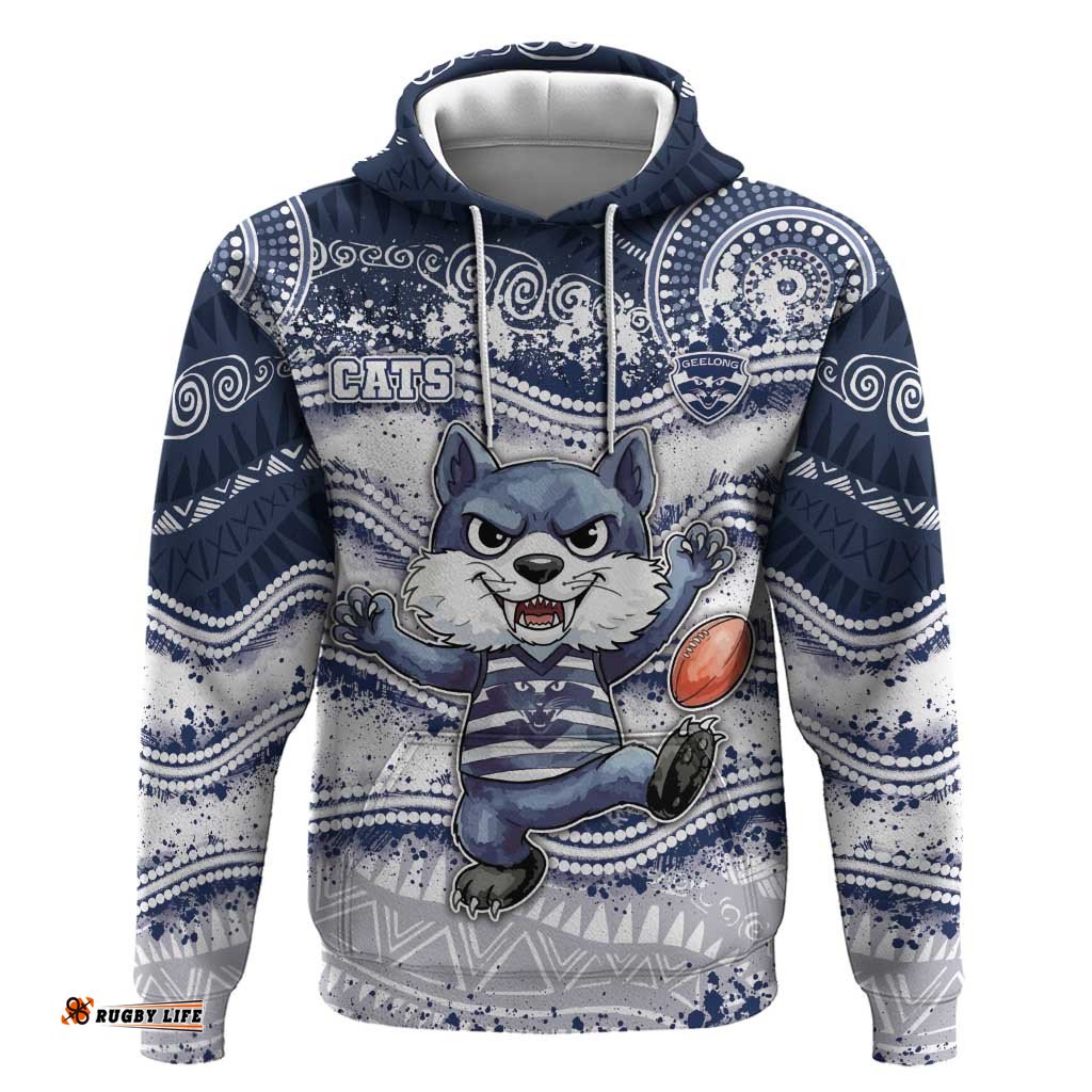 RugbyLife Shop Custom Geelong Navy Hoodie Playful Cat Kicking Ball DT05