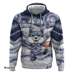 RugbyLife Shop Custom Geelong Navy Hoodie Playful Cat Kicking Ball DT05