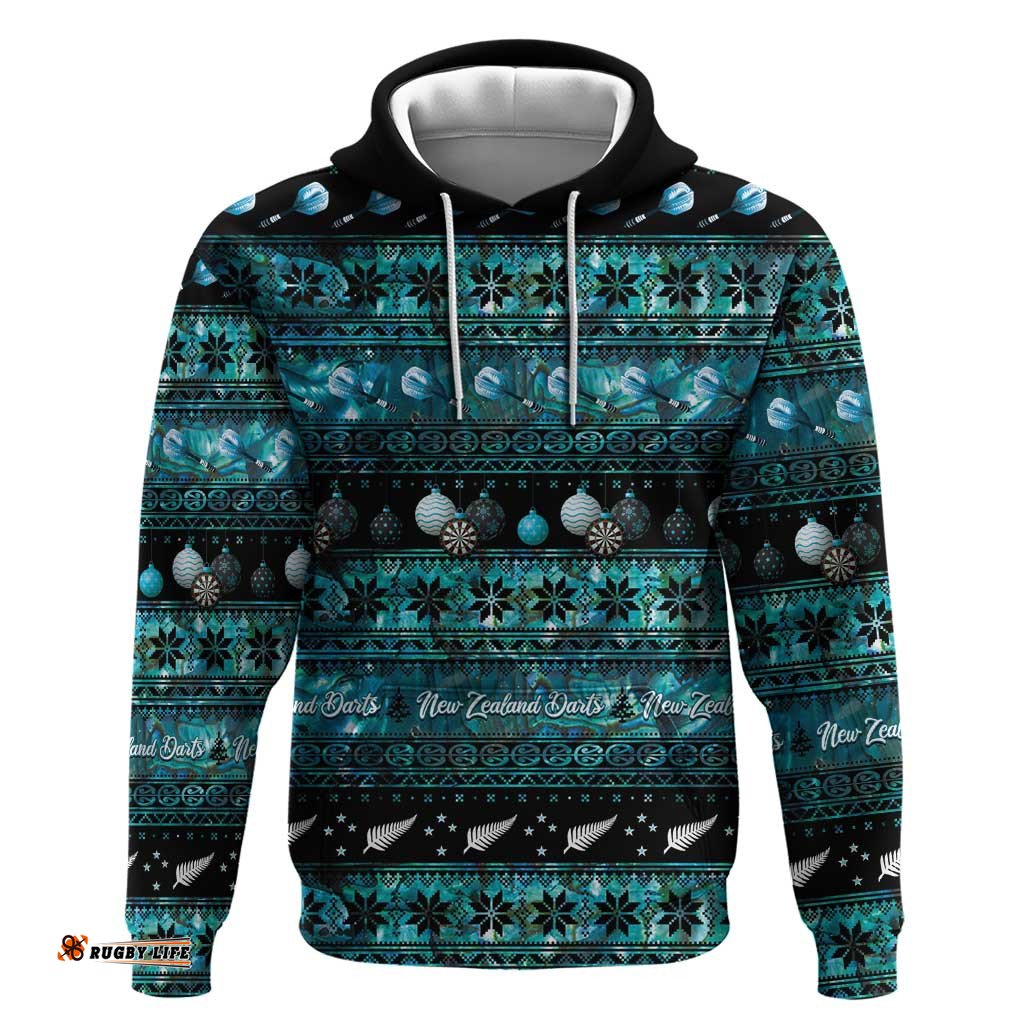 RugbyLife Shop New Zealand Darts Christmas Hoodie Merry Xmas Aotearoa Maori Paua Shell LT14