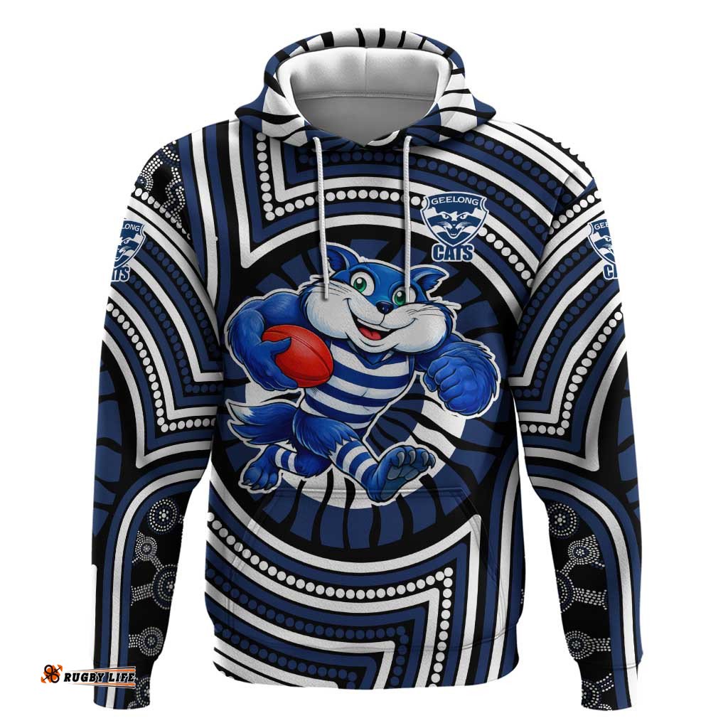 RugbyLife Shop Geelong Cats Hoodie Indigenous Monochrome Dot Art Mascot Style TS04