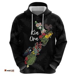 RugbyLife Shop Kia Ora New Zealand Floral Personalized Hoodie Black LT7