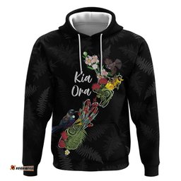RugbyLife Shop Kia Ora New Zealand Floral Personalized Hoodie Black LT7