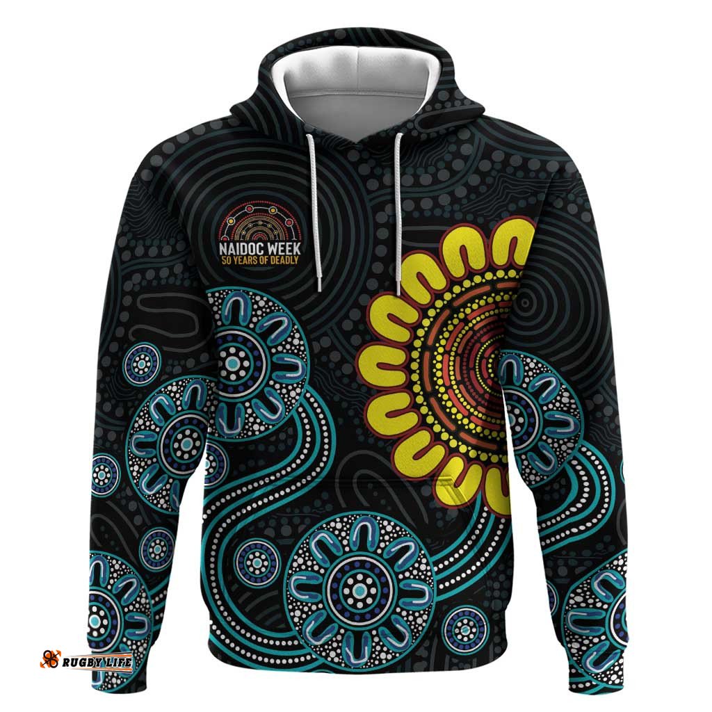RugbyLife Shop NAIDOC 50 Years of Deadly Hoodie Sun Aboriginal Dot Art LT19