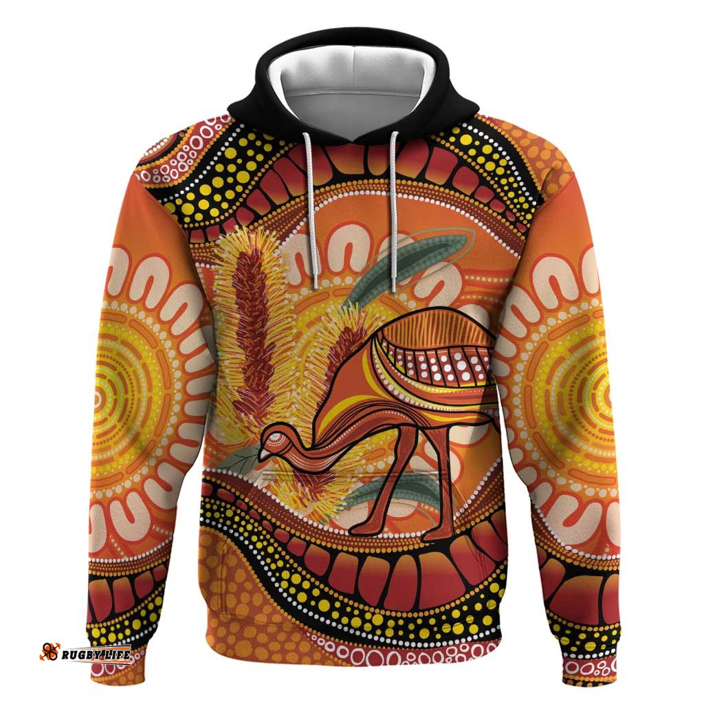RugbyLife Shop Indigenous Emu Australia Hoodie Australian Bottlebrushes Aboriginal Art Proud LT14