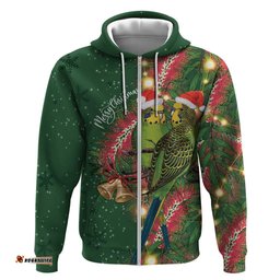 RugbyLife Shop Green Budgerigars on Callistemon Hoodie Merry Christmas Aussie LT7
