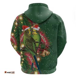RugbyLife Shop Green Budgerigars on Callistemon Hoodie Merry Christmas Aussie LT7