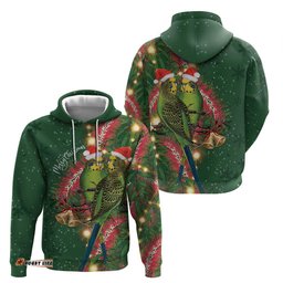 RugbyLife Shop Green Budgerigars on Callistemon Hoodie Merry Christmas Aussie LT7