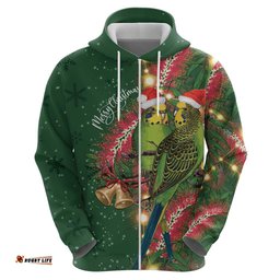 RugbyLife Shop Green Budgerigars on Callistemon Hoodie Merry Christmas Aussie LT7