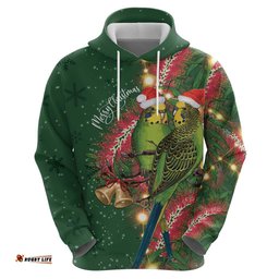 RugbyLife Shop Green Budgerigars on Callistemon Hoodie Merry Christmas Aussie LT7