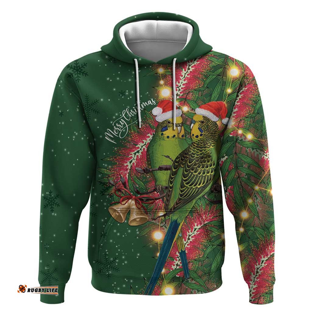 RugbyLife Shop Green Budgerigars on Callistemon Hoodie Merry Christmas Aussie LT7