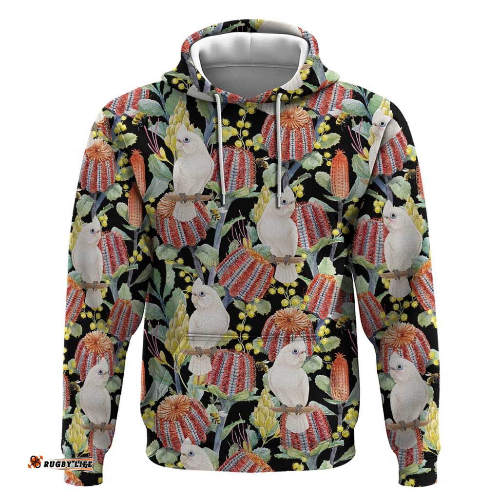 RugbyLife Shop Little Corella Australia Cockatoo Hoodie Cacatua Sanguinea Banksia Seamless Black LT14