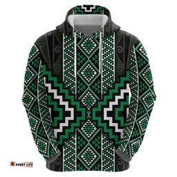 RugbyLife Shop Jade Tukutuku Pattern Aotearoa Hoodie Niho Taniwha and Puhoro Motifs LT7