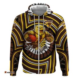 RugbyLife Shop Hawthorn Hawks Hoodie Indigenous Monochrome Dot Art Mascot Style TS04