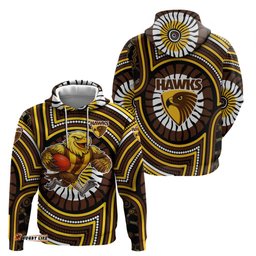 RugbyLife Shop Hawthorn Hawks Hoodie Indigenous Monochrome Dot Art Mascot Style TS04
