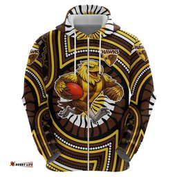 RugbyLife Shop Hawthorn Hawks Hoodie Indigenous Monochrome Dot Art Mascot Style TS04