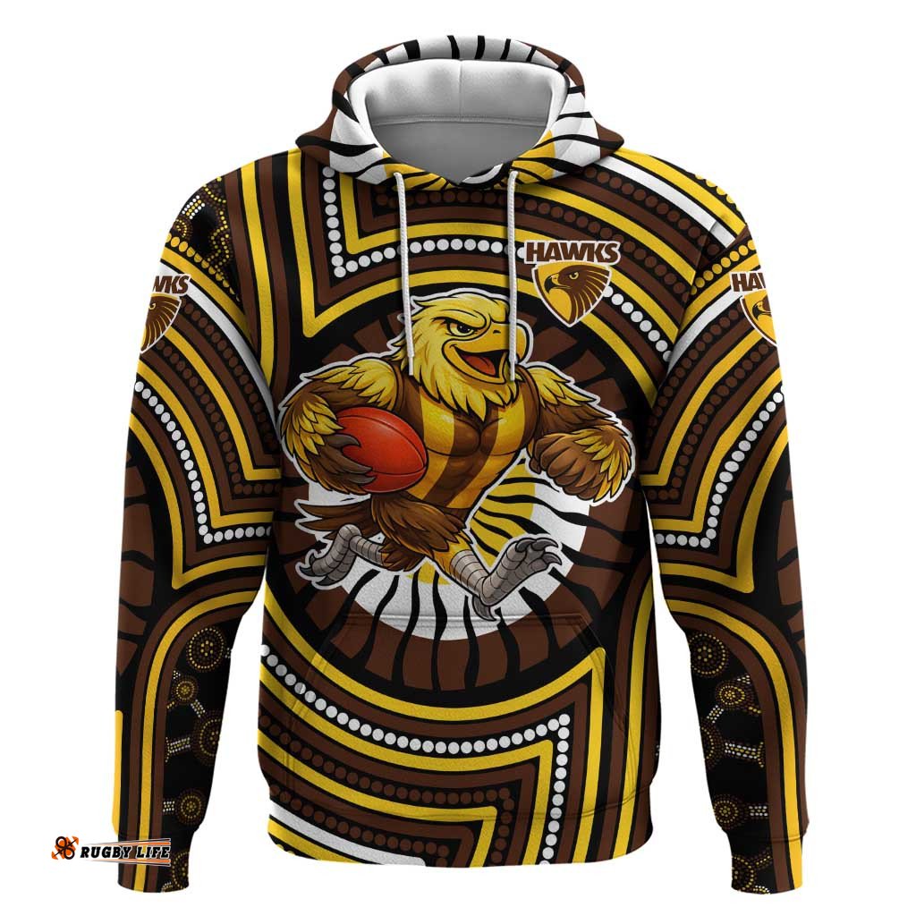 RugbyLife Shop Hawthorn Hawks Hoodie Indigenous Monochrome Dot Art Mascot Style TS04