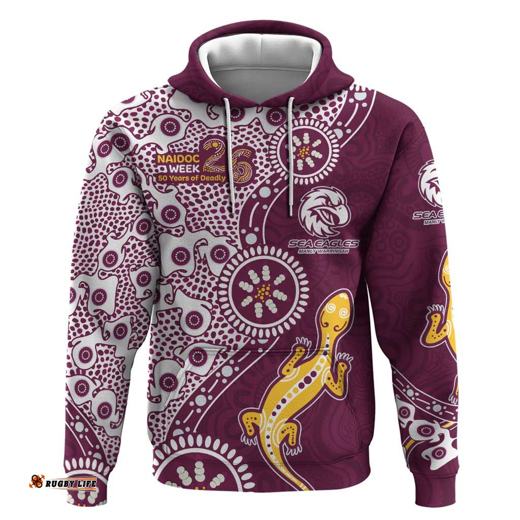 RugbyLife Shop Manly Warringah Sea Eagles NAIDOC Week 2026 Hoodie Aboriginal Lizard Dot Painting - 50 Years of Deadly TS04