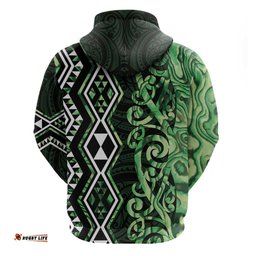 RugbyLife Shop Green Aotearoa Hoodie Taniko Motifs With Paua Shell Kowhaiwhai LT14