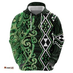 RugbyLife Shop Green Aotearoa Hoodie Taniko Motifs With Paua Shell Kowhaiwhai LT14
