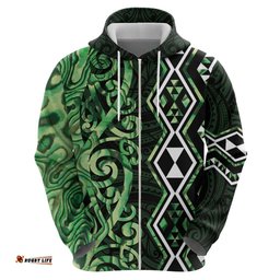 RugbyLife Shop Green Aotearoa Hoodie Taniko Motifs With Paua Shell Kowhaiwhai LT14