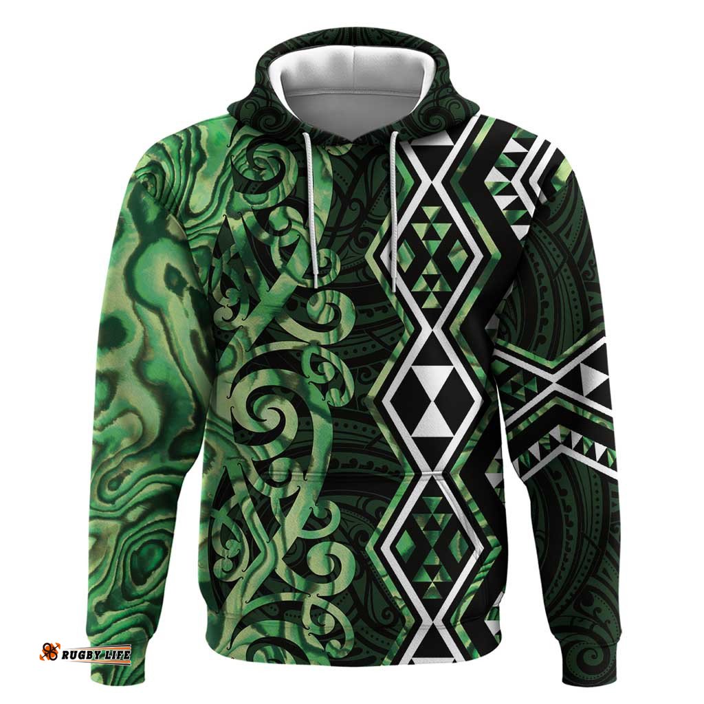 RugbyLife Shop Green Aotearoa Hoodie Taniko Motifs With Paua Shell Kowhaiwhai LT14