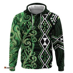 RugbyLife Shop Green Aotearoa Hoodie Taniko Motifs With Paua Shell Kowhaiwhai LT14