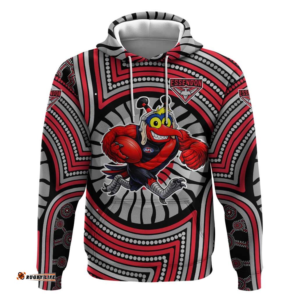 RugbyLife Shop Essendon Football Club Hoodie Indigenous Monochrome Dot Art Mascot Style TS04