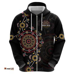 RugbyLife Shop NAIDOC Deadly 50 Years Hoodie Aboriginal Black Gold Boomerang Art LT9