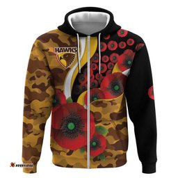 RugbyLife Shop Hawthorn Hawks ANZAC Personalised Hoodie Lest We Forget Poppy Camo LT9