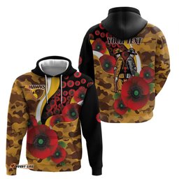 RugbyLife Shop Hawthorn Hawks ANZAC Personalised Hoodie Lest We Forget Poppy Camo LT9