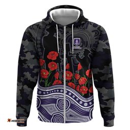 RugbyLife Shop Fremantle Dockers ANZAC Day Hoodie Indigenous Dot Art with Poppy Flower Tribute TS04