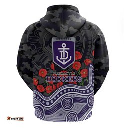 RugbyLife Shop Fremantle Dockers ANZAC Day Hoodie Indigenous Dot Art with Poppy Flower Tribute TS04