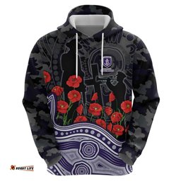 RugbyLife Shop Fremantle Dockers ANZAC Day Hoodie Indigenous Dot Art with Poppy Flower Tribute TS04