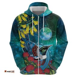 RugbyLife Shop New Zealand Tui Bird Hoodie Maori Koru With Pohutukawa Galaxy Style LT05