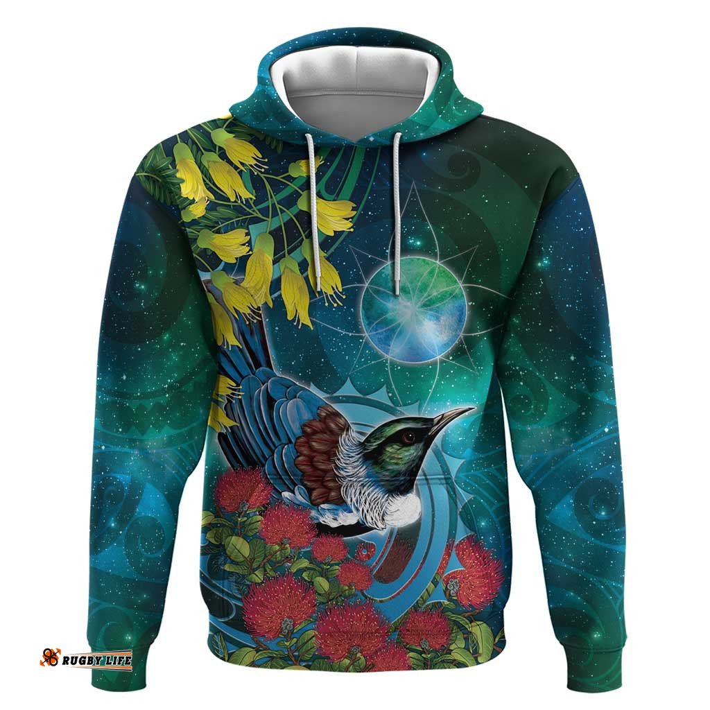 RugbyLife Shop New Zealand Tui Bird Hoodie Maori Koru With Pohutukawa Galaxy Style LT05