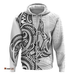 RugbyLife Shop New Zealand Hammerhead Shark Hoodie Maori Haehae Mangopare White LT14