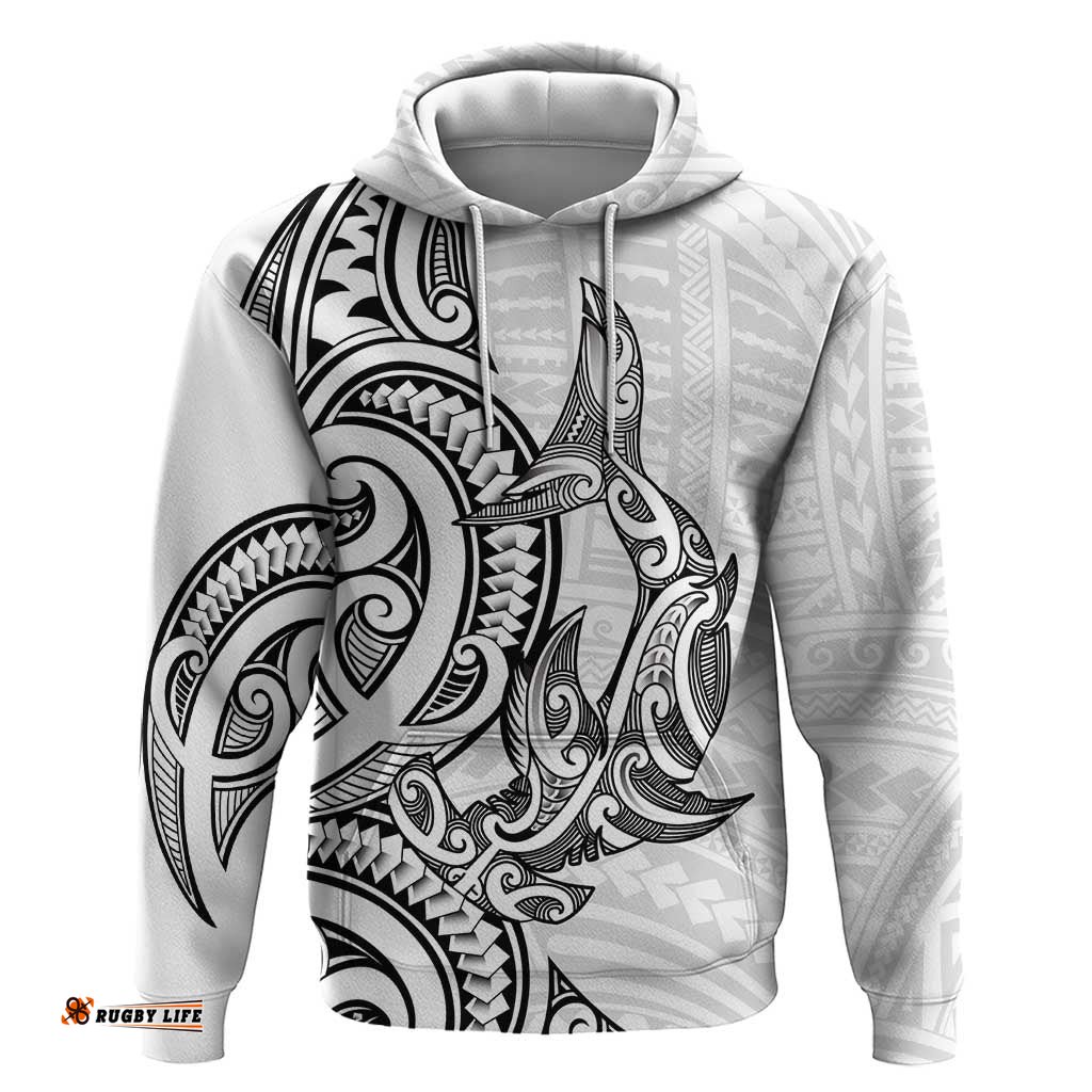 RugbyLife Shop New Zealand Hammerhead Shark Hoodie Maori Haehae Mangopare White LT14